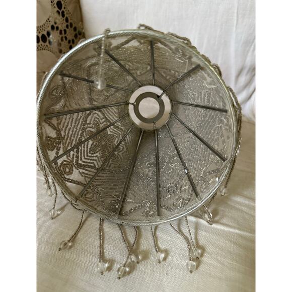 Beaded Lamp Shade Fringed gray small floral mesh 6x6x2.5” Victorian - Picture 13 of 14
